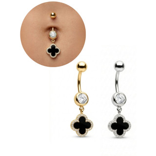 Piercing Umbigo Trevo Cravejado Aço Cirúrgico Anti Alérgico Dourado Prata Feminino Acessórios Zircônia