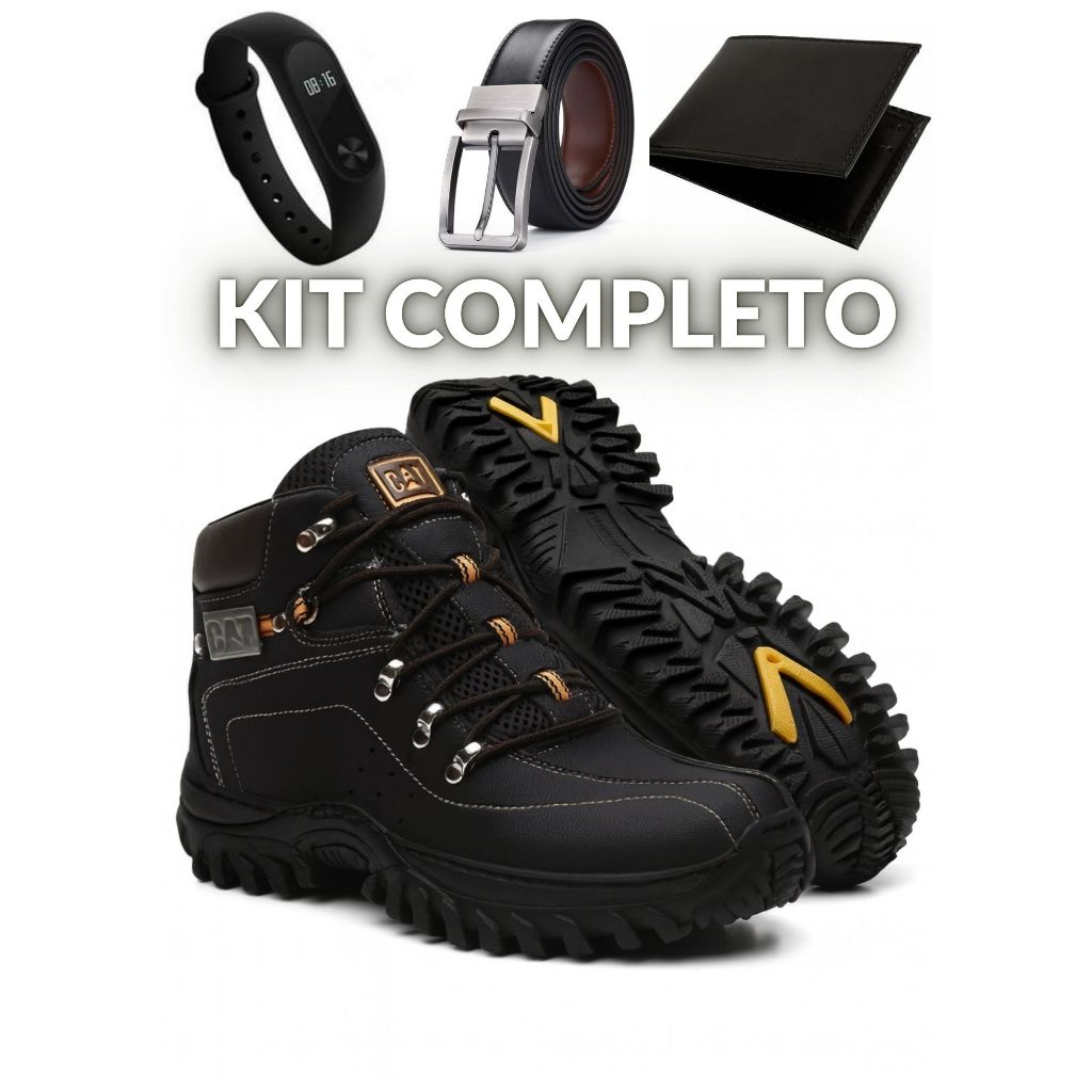 Bota Caterpillar Masculina Adventure Em Couro + Cinto + Carteira + Relógio