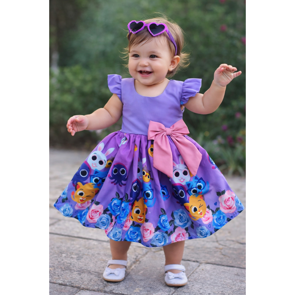 Vestido Bolofofo Lilas (6 a 24 meses) Laço Rosa Estampado Pow Menina ...