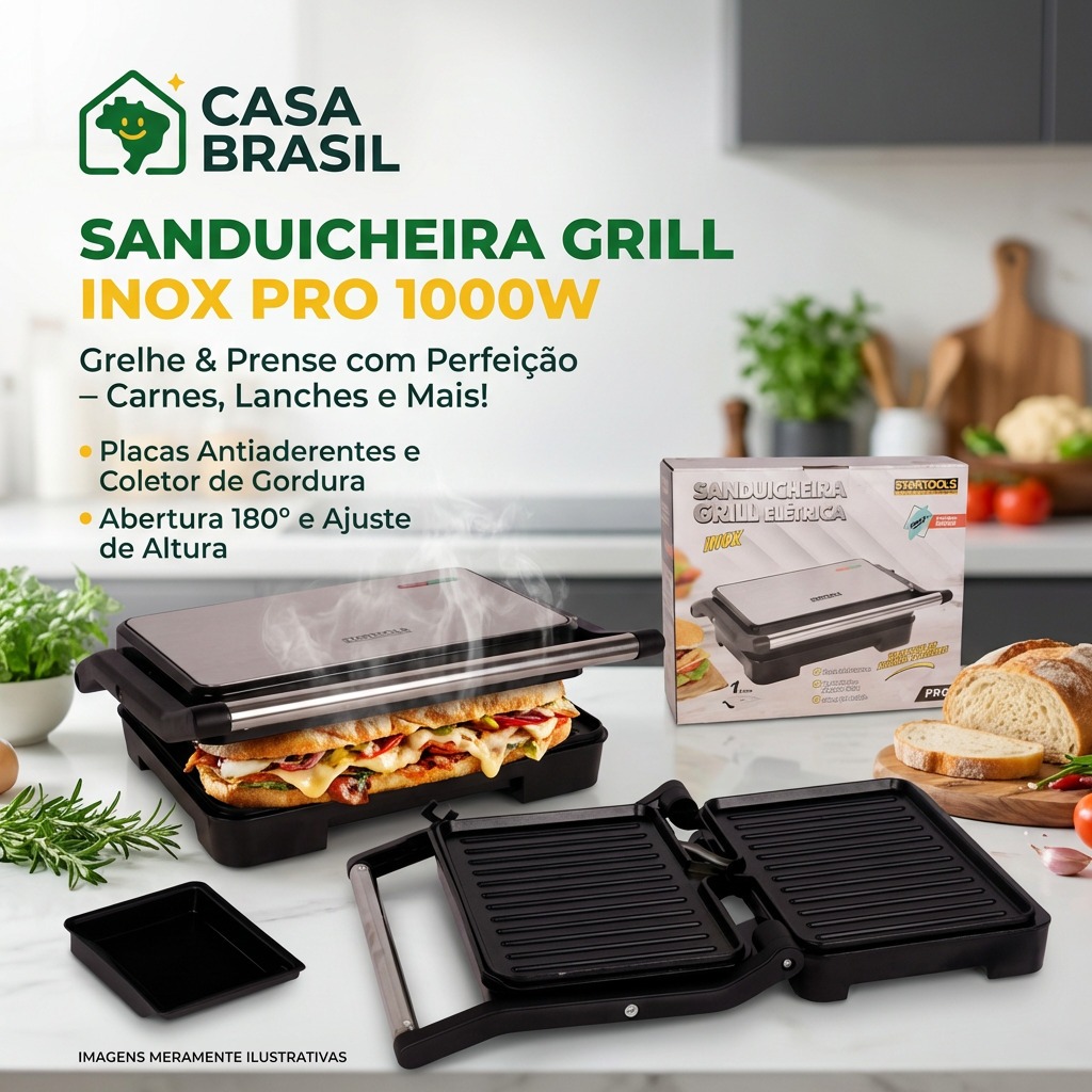 Sanduicheira Grill Elétrica Inox 1000W Antiaderente Prensa L
