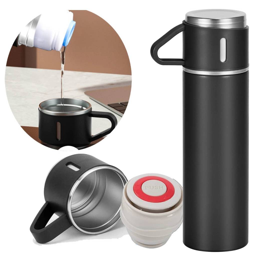 Garrafa Térmica Premium Vácuo 500ml Inox Com Caixa E Copos -