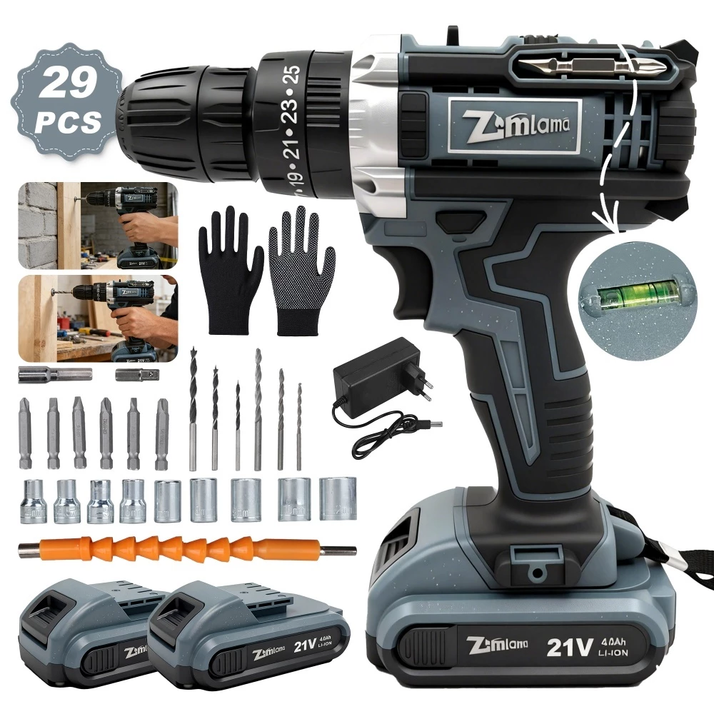 Furadeira Parafusadeira 21V Sem Fio Kit Completo 2 Baterias ZML 001 Profissional