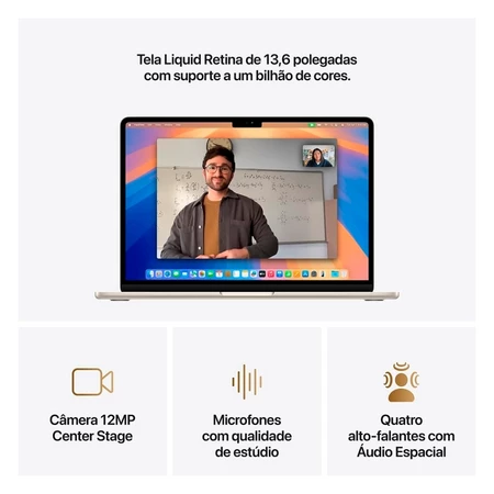 Detalhe da tela Liquid Retina de 13,6 polegadas com chamada de vídeo e ícones de recursos como câmera 12MP e áudio espacial