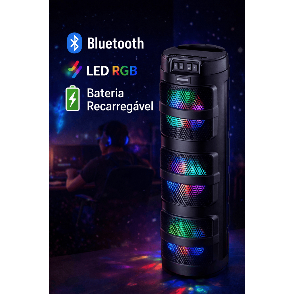 Caixa de Som Torre Bluetooth LED RGB Duplo 4” Portátil com Bateria ...