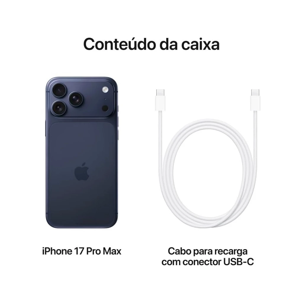 Conteúdo da caixa contendo um iPhone 17 Pro Max azul e um cabo de recarga USB-C