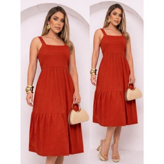 Vestido Mídi Alça Rodado Vestido Moda Cristã Feminino  Casual De Alça Liso