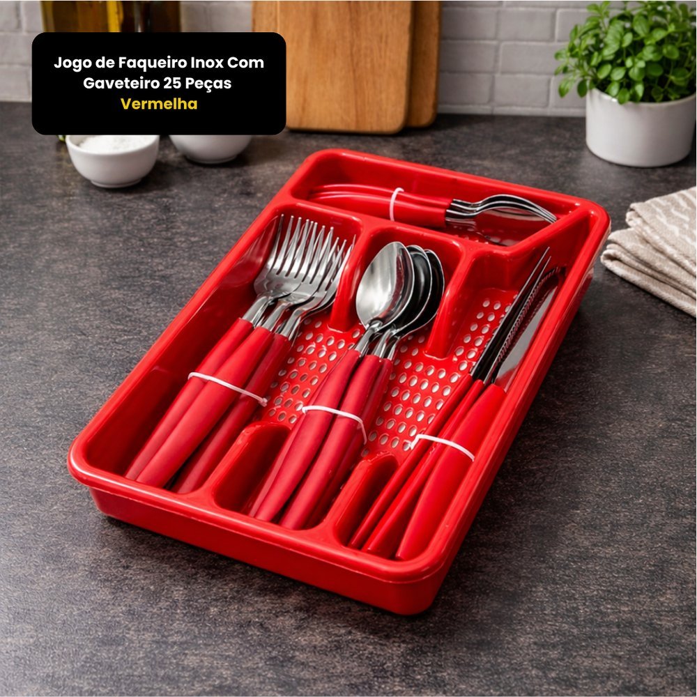 Jogo de Faqueiro Inox 25 Peças com Gaveteiro Organizador - Vermelho ou Preto
