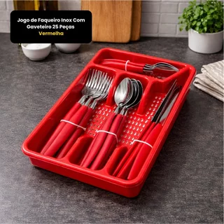 Jogo de Faqueiro Inox 25 Peças com Gaveteiro Organizador - Vermelho ou Preto