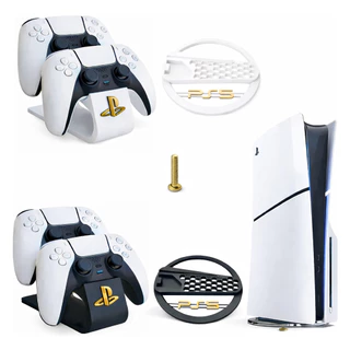 Kit Base Stand Vertical e Suporte Duplo Para Controles Playstation Ps5 Slim Compatível com Disco Digital e Físico