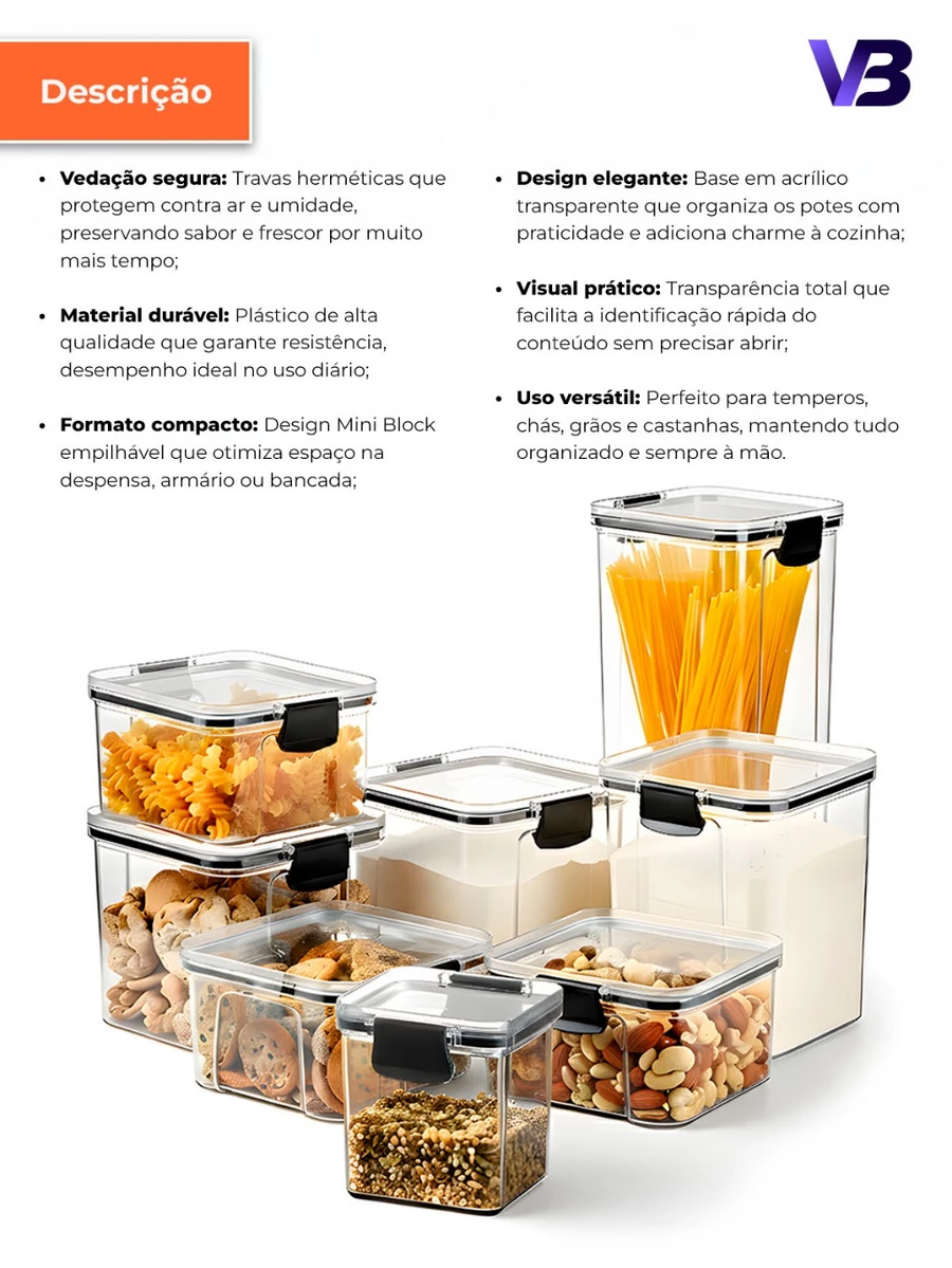 Kit Potes Herméticos Organizador de Mantimentos Transparente Com Trava BPA Free — foto 4 de 5
