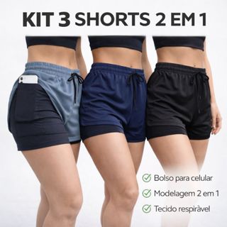 Kit 3 Shorts compressão 2 em 1 Feminino para academia caminhadas e corrida Fitness Bermuda Dry fit