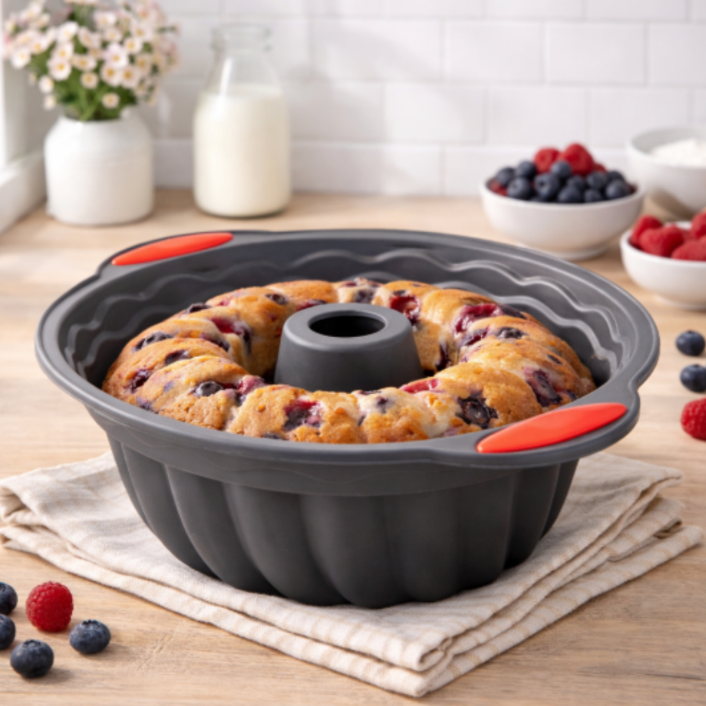 Forma De Silicone Redonda Com Furo Central Cinza Bolo Pudim 