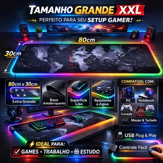 Mousepad Gamer RGB LED XXL Grande Antiderrapante USB Plug Play Mapa Mundial