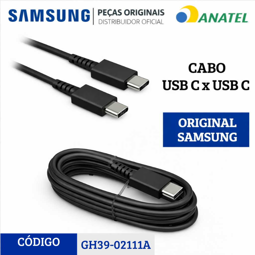 Cabo Original Samsung USB-C para USB-C Turbo Preto 1 Metro GH39-02111A Carregamento Rápido