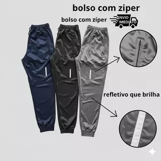 Calças Jogger Com Refletivo Para Academia Tecido Frio Forrado Bolsos Com Ziper