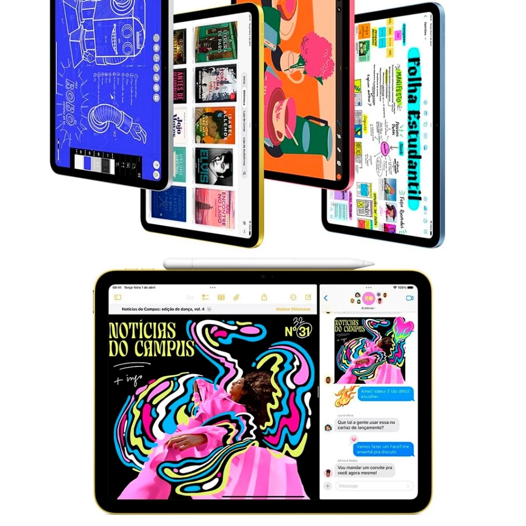 Vários iPads em uso, exibindo diferentes aplicativos como desenho, leitura de livros, anotações e um iPad amarelo em primeiro plano mostrando um aplicativo de notícias e um chat, com um Apple Pencil.