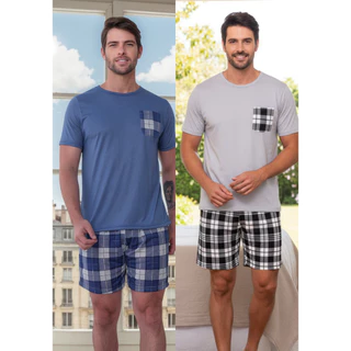 Kit 2 Pijamas  Xadrez Masculino Verão Manga Curta Malha Promoção em Oferta na Shopee