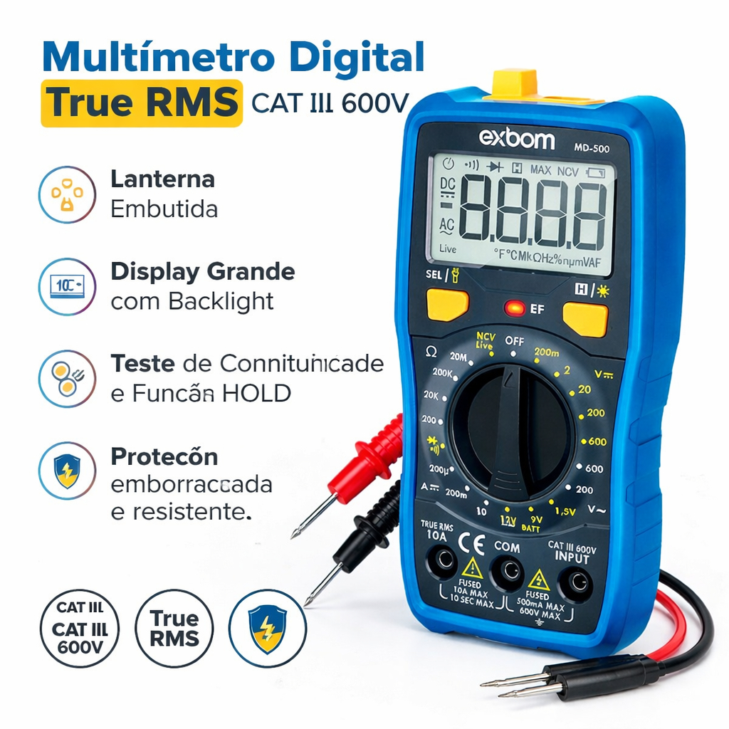 Multímetro Digital Exbom MD-500 RMS CAT III 600V / Multímetro Automático / Multímetro alta precisão