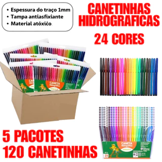 KIT Com 5 Pacotes 120 Canetinhas Papelaria 24 Cores Leo & Leo Escolar Pintura Material Escolar em Oferta na Shopee