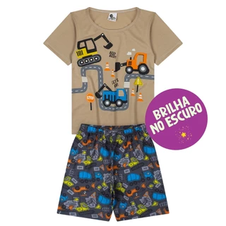 Pijama Infantil Menino Trators Brilha no Escuro Bege+Marinho Conjunto Verão Manga Curta Tam 3 ao 14 em Oferta na Shopee
