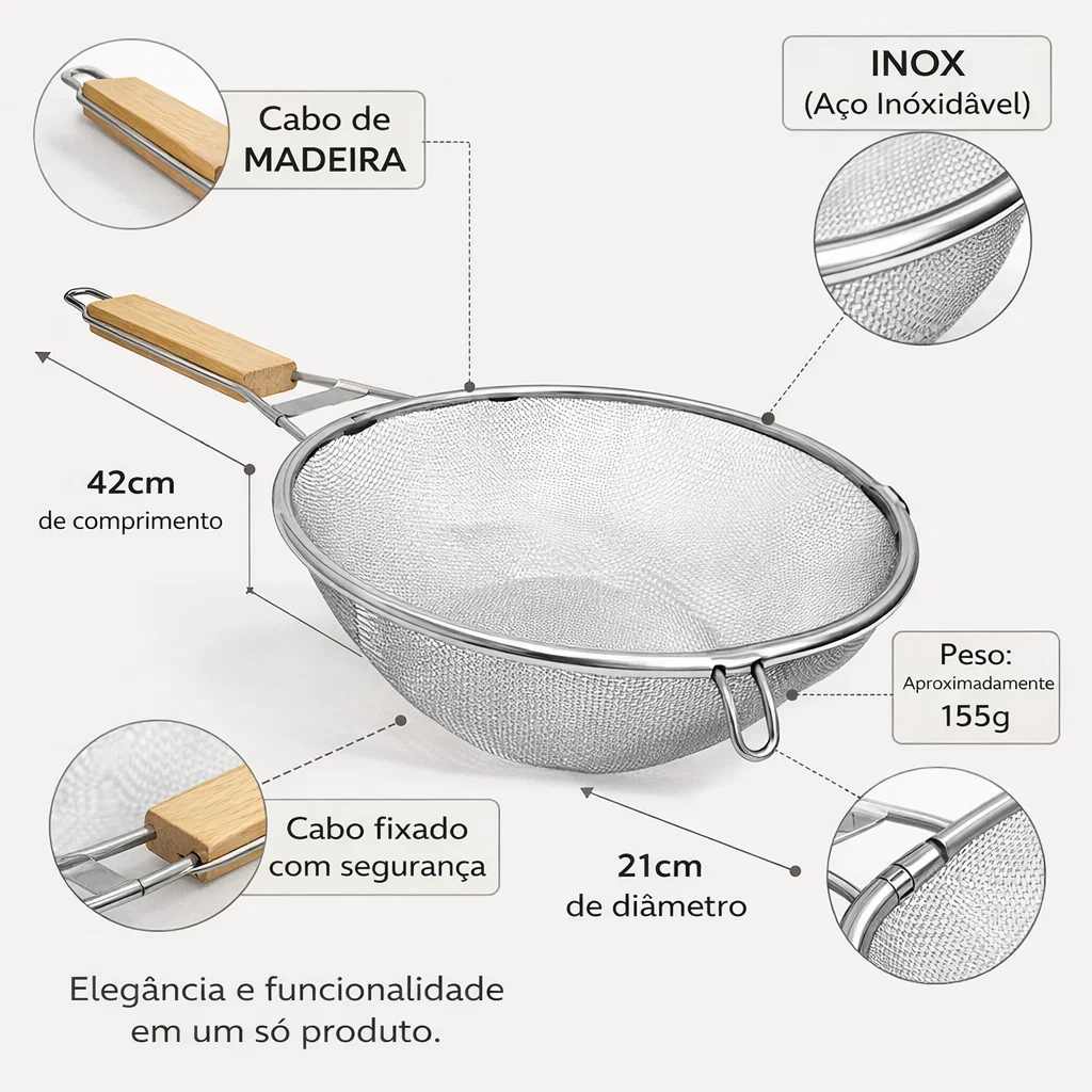 Peneira Escorredor Inox com Cabo de Madeira 42x21cm Durável 