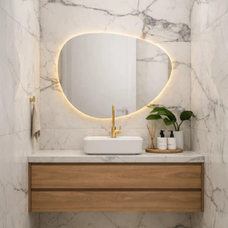 Espelho Orgânico com LED 80x60 3 Cores Efeito Flutuante Banheiro Modelo Luminus em Oferta na Shopee