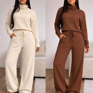 Conjunto Feminino Calça Pantalona e Blusa de Gola Alta Manga Longa Tecido Anarruga Moda Elegante — foto 5 — Achou Levou Brasil