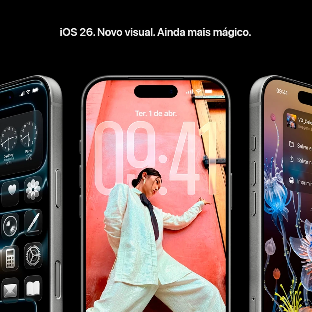 Três telas de iPhone 17 Pro Max exibindo a interface do iOS 26 e novos widgets