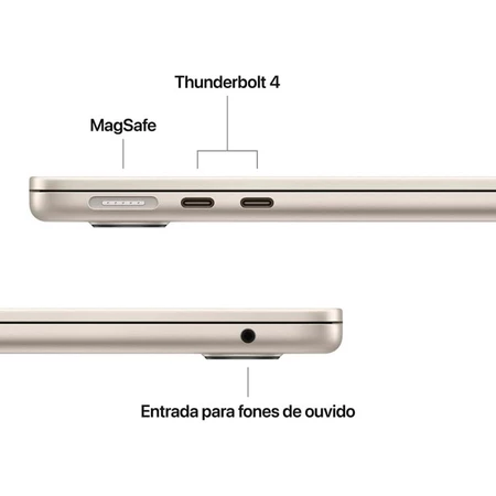 Vista lateral do MacBook mostrando as portas Thunderbolt 4, entrada MagSafe e entrada para fones de ouvido