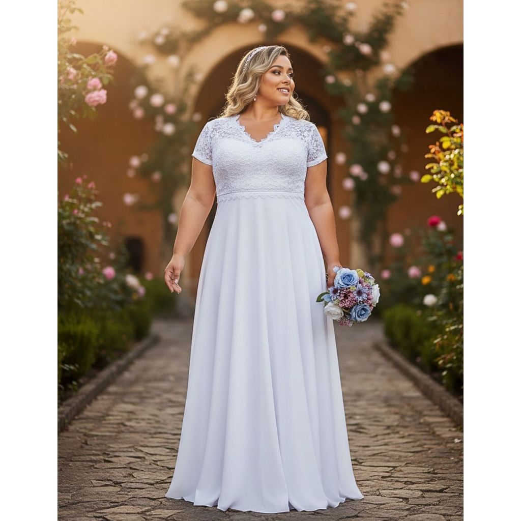 Vestido Noiva Branco Longo M ao Plus Size Renda Casamento Igreja Civil
