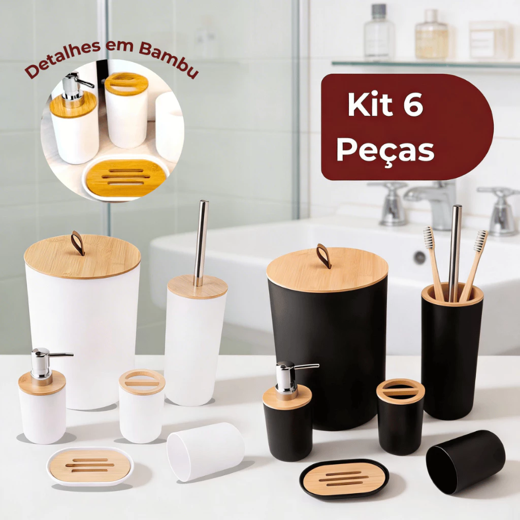 Kit Banheiro 6 Peças em Bambu com Lixeira Luxo e Puxador de Couro