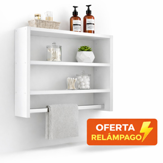 Nicho Para Banheiro com Suporte de Toalha - Prateleira de Parede Organizador Branco MDF, Multiuso