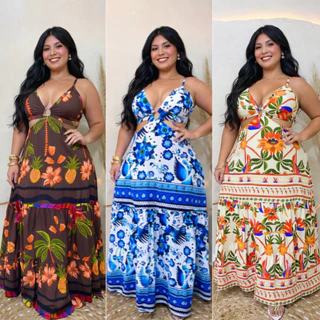 Vestido Longo Feminino Argola no tórax Decote em V em Oferta na Shopee