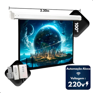 Tela De Projeção Elétrica 100 Polegadas 220v Retratil Com Controle Remoto Automação Com Alexa em Oferta na Shopee