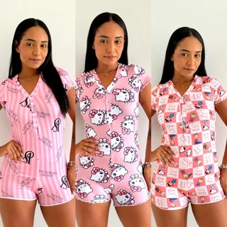 Pijama Macaquinho Manga Curta de Botão Feminino Personagens Temático em Oferta na Shopee