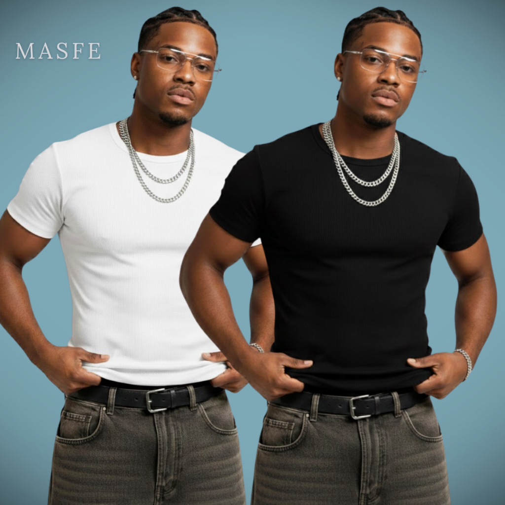 Kit 2 Camiseta Canelada Americana Masculina Slim Fit Básica Estilo Us Drip Streetwear Lisa Justa