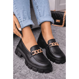 Mocassim Feminino Tratorado Corrente Preto Verniz Confortável Top