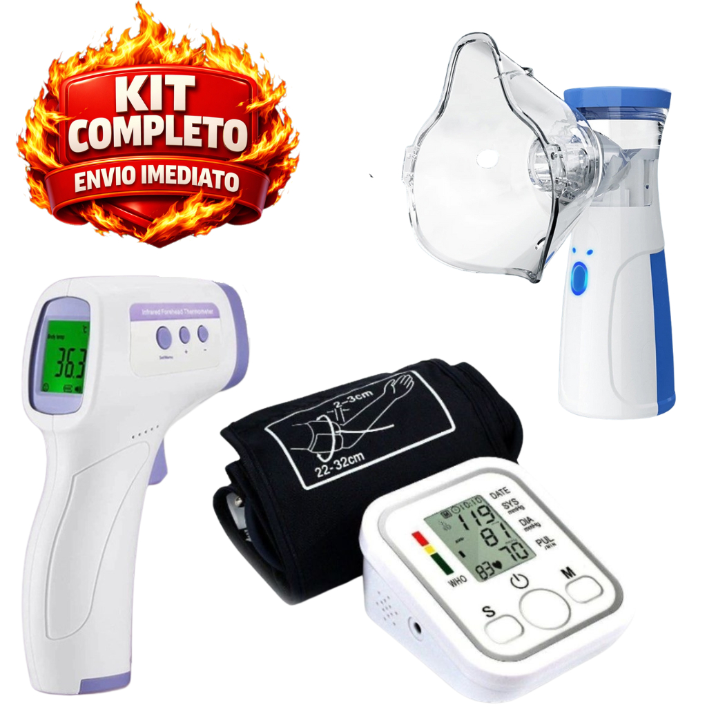 Kit Nebulizador Portátil USB + Aparelho de Pressão com Voz + Termômetro Digital USB Recarregável - Completo