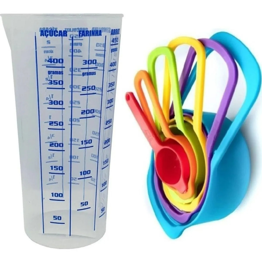 Kit Medidor de Cozinha: Copo Graduado + 6 Colheres Medidoras
