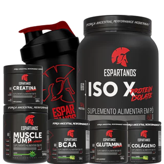 Kit Whey Protein ISO X 1800g + Creatina + BCAA + Glutamina + Colágeno + Pré Treino + Shaker - Espartanos