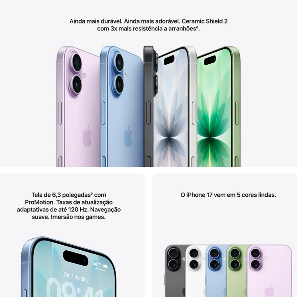 Apresentação das cinco opções de cores do iPhone 17 e destaque para a tela de 6,3 polegadas