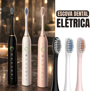Escova Elétrica Sônica Recarregável + 4 Refis 42000 VPM Limpeza Profunda IPX7 Timer Inteligente USB
