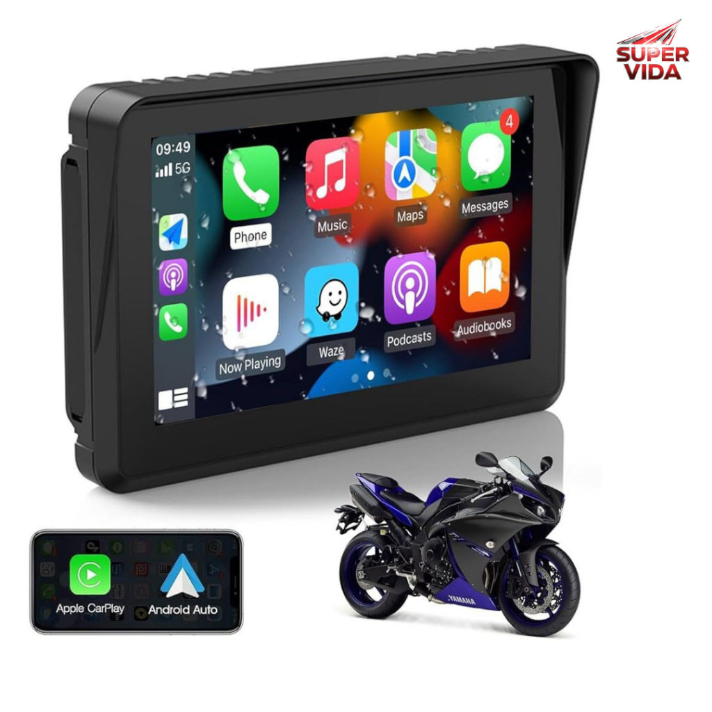 Multimídia para Moto Carplay Android Auto Portátil À Prova D'água 5’’ Tela Touch