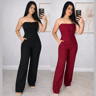 Conjunto Feminino Alfaiataria Cropped Tomara que Caia Social Calça Pantalona Blusa Elástico Lastex Botão Moda Verão