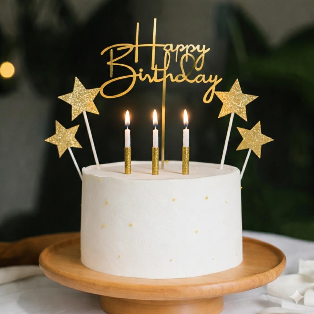 Kit Topo de Bolo 12 Itens Happy Birthday Estrelas Vela de An