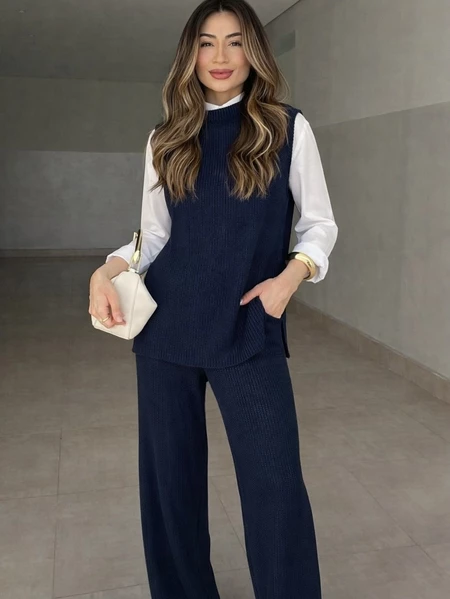 Conjunto Tricot Feminino Max Colete Regata e Calça Pantalonacom Bolso Moda Outono Inverno Aerolook
