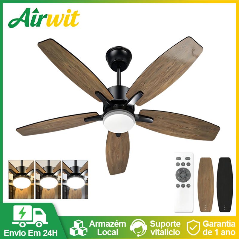 Ventilador de Teto com Luz LED 42In 6 Velocidades Silencioso com Controle Remoto