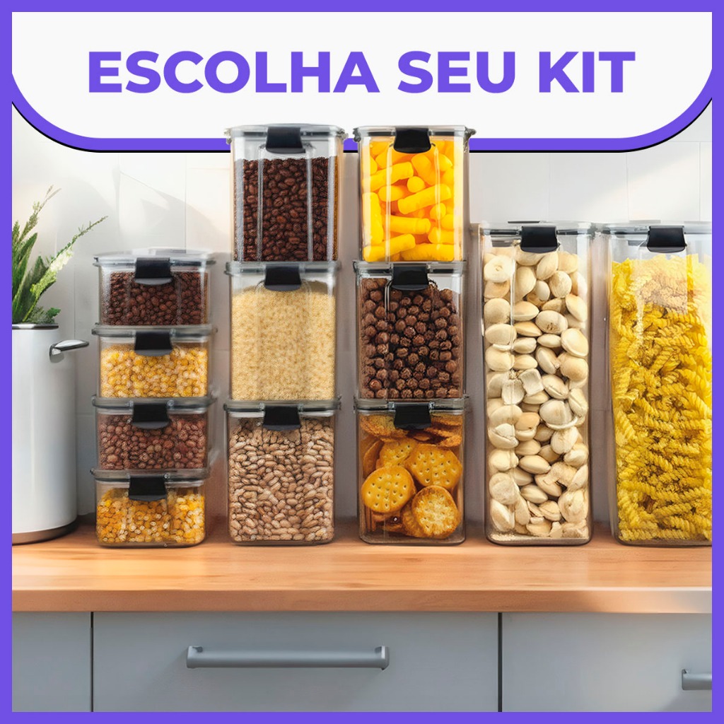 Monte Seu Kit de até 13 Potes Hermético para Mantimentos de Cozinha Dispensa Armário Plástico | Shopee Brasil