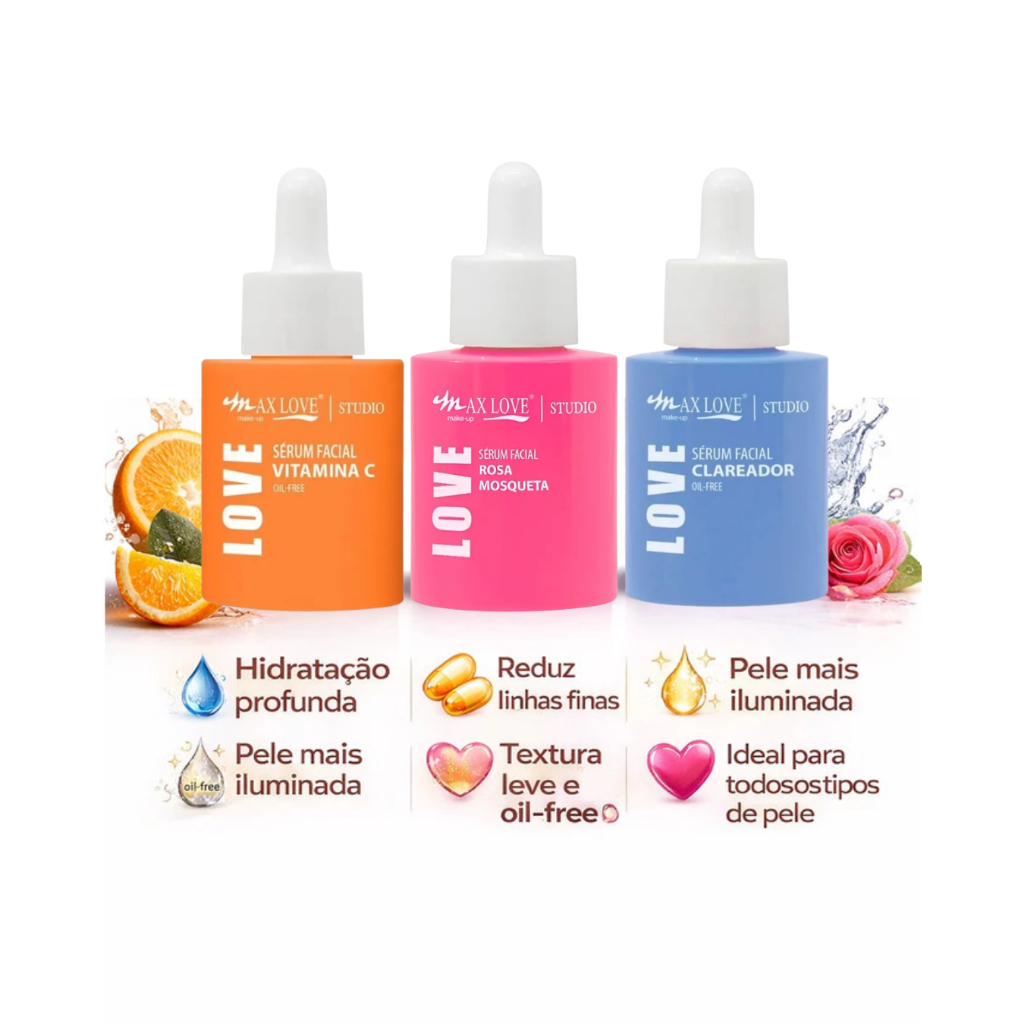 Kit c/ 3 Sérum Facial Vitamina C, Rosa Mosqueta, Clareador