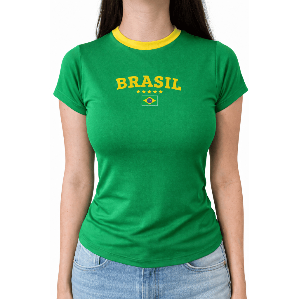 Babylook Copa 2026 Brasil Premium Toque de Poliamida Blusa Manga